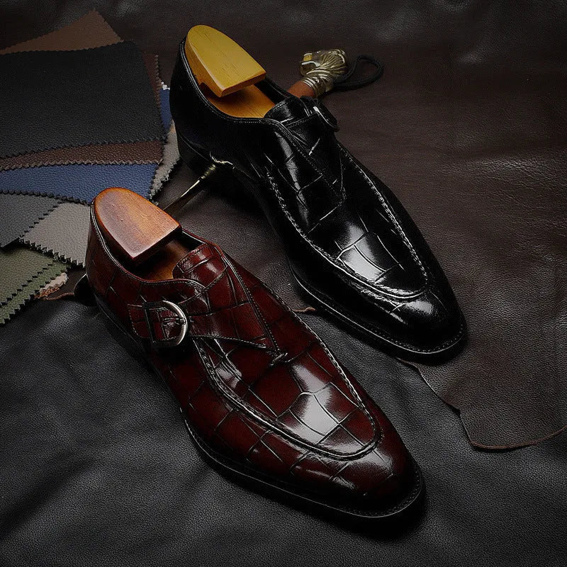 ClassicPattern men's formal black flat shoes with PU upper and leather toe cap on a plain background