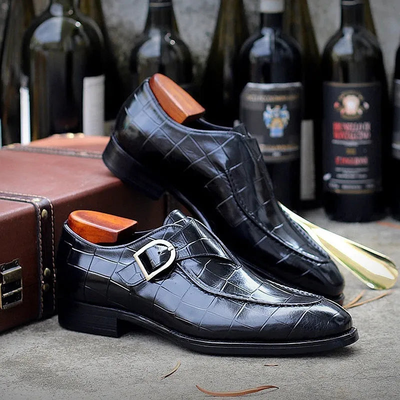 ClassicPattern men's formal black flat shoes with PU upper and leather toe cap on a plain background