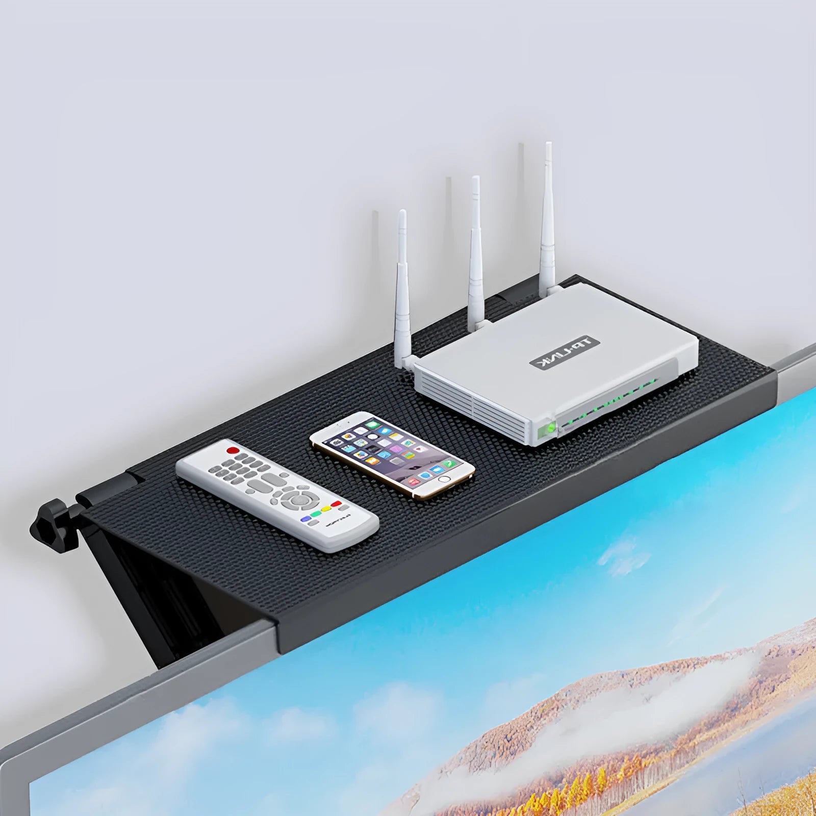 Plastic hook-mount desktop rack for organising a TV set-top box and router