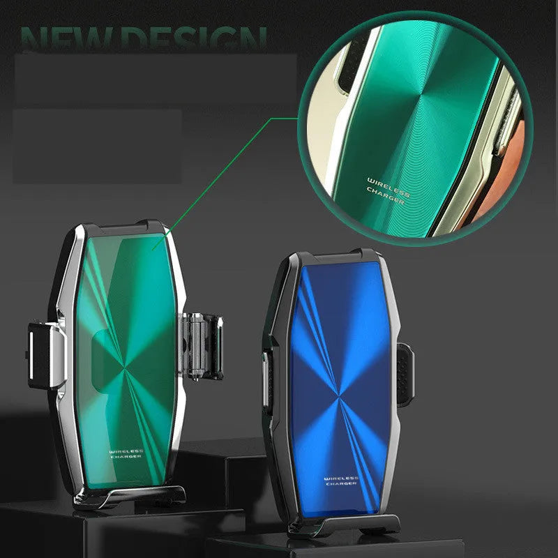 Car wireless charger mobile phone holder with blue or green casing and LED indicator light