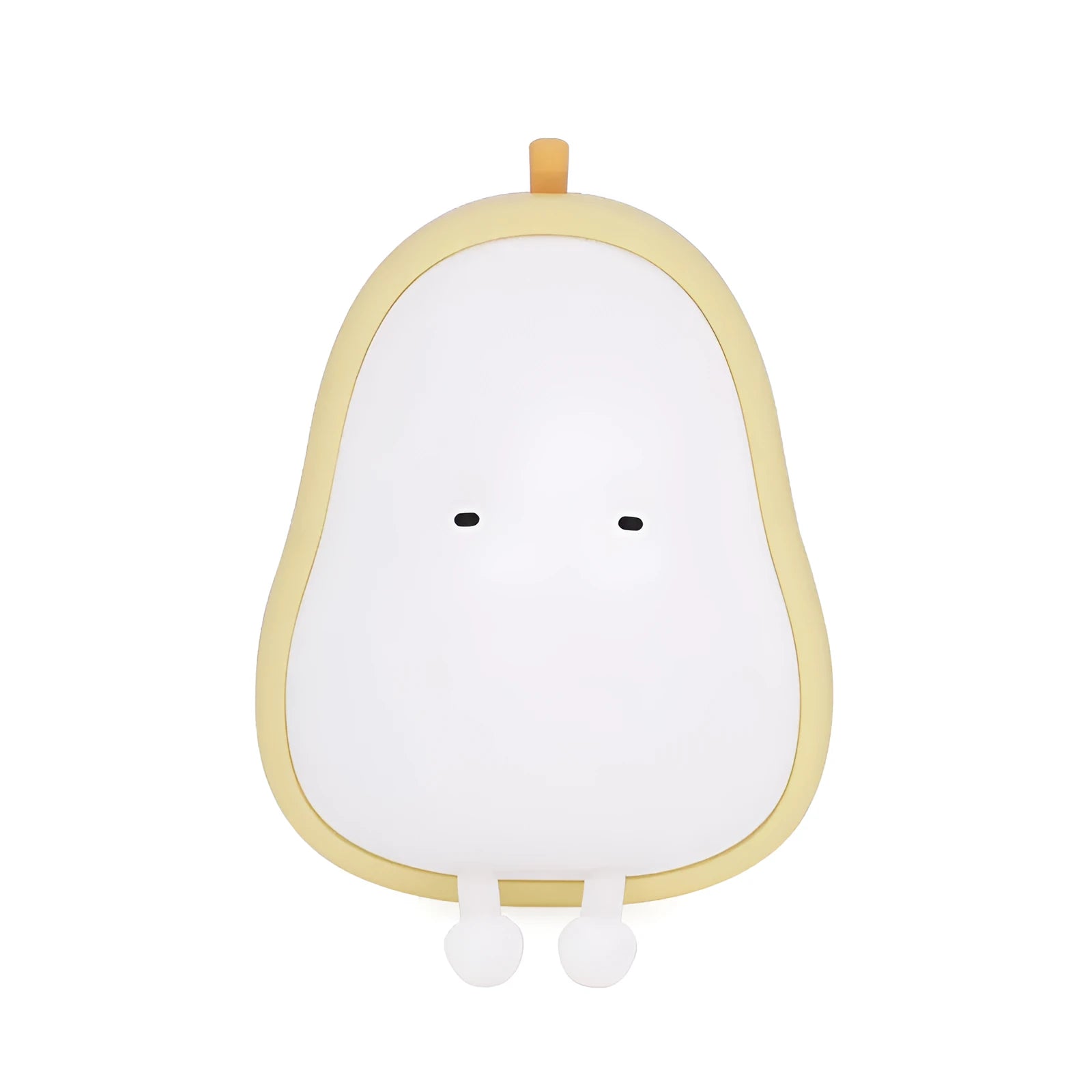 White silicone pear-shaped bedside night light emitting a warm yellow glow on a wooden table.