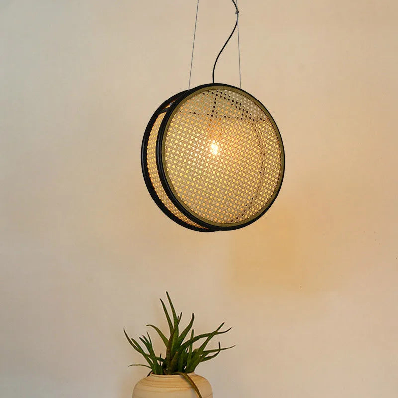 Black-rimmed rattan and glass chandelier with fishing-line suspension, 30cm diameter