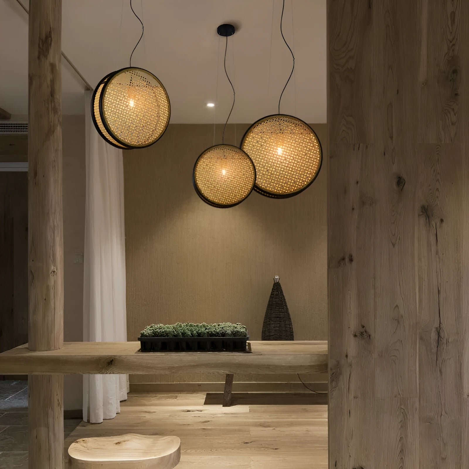 Black-rimmed rattan and glass chandelier with fishing-line suspension, 30cm diameter