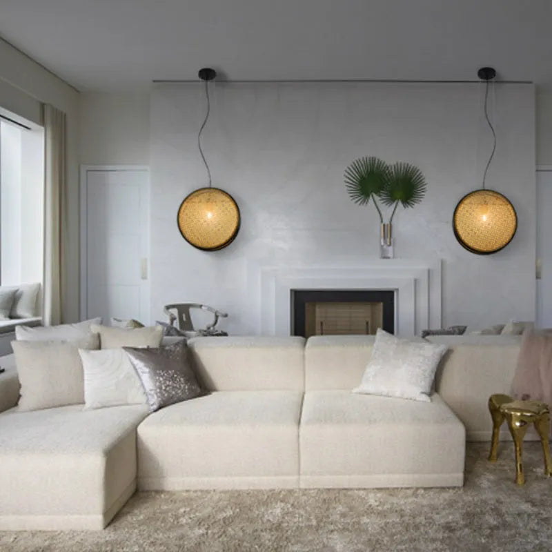 Black-rimmed rattan and glass chandelier with fishing-line suspension, 30cm diameter
