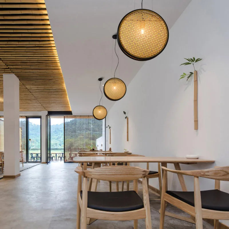 Black-rimmed rattan and glass chandelier with fishing-line suspension, 30cm diameter