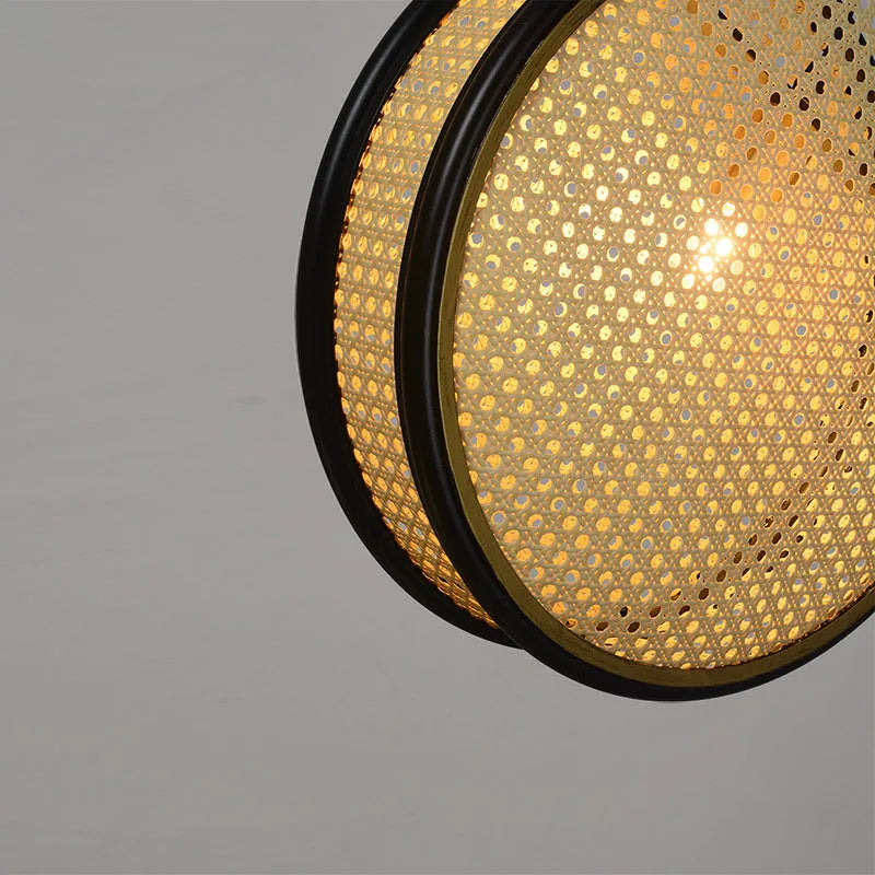 Black-rimmed rattan and glass chandelier with fishing-line suspension, 30cm diameter