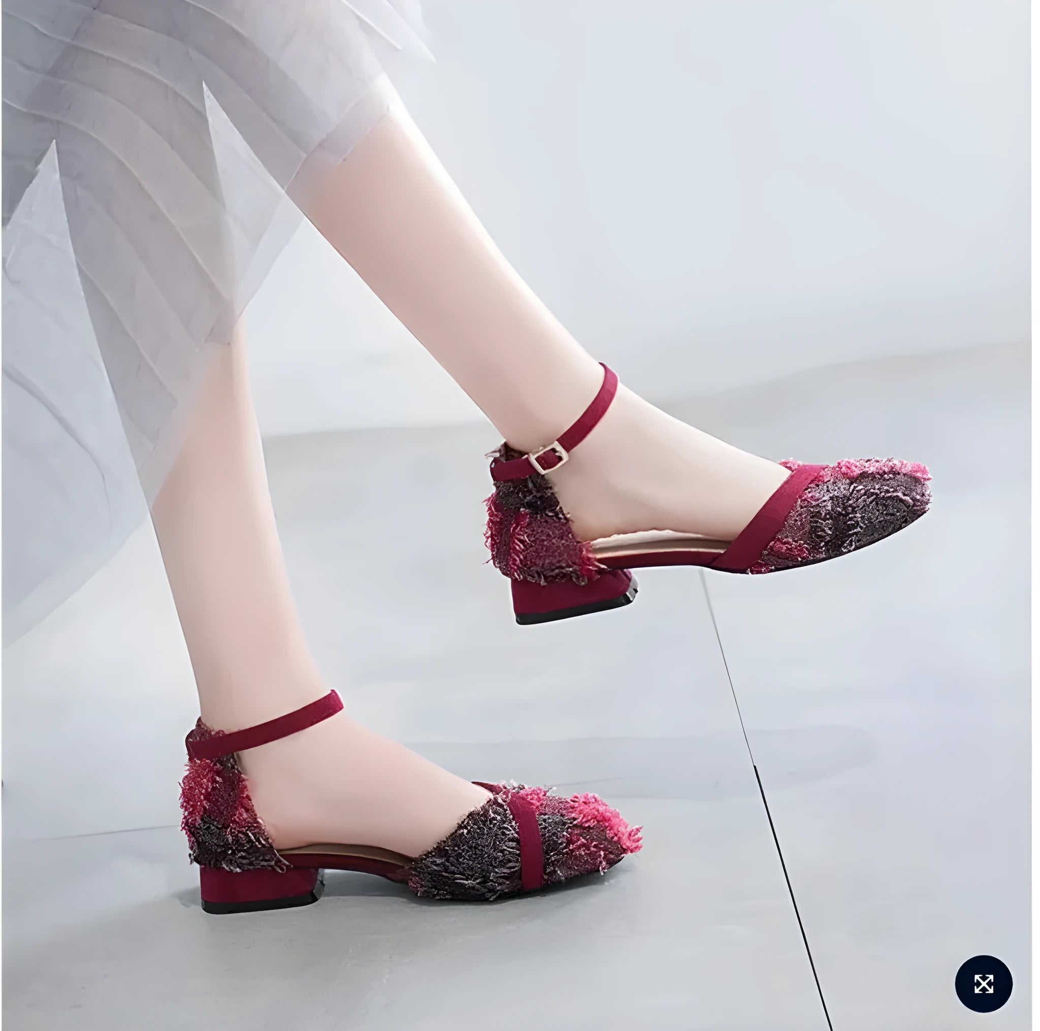 Women's apricot suede D'Orsay flats with an ankle strap and a 3cm low block heel on a wooden floor.