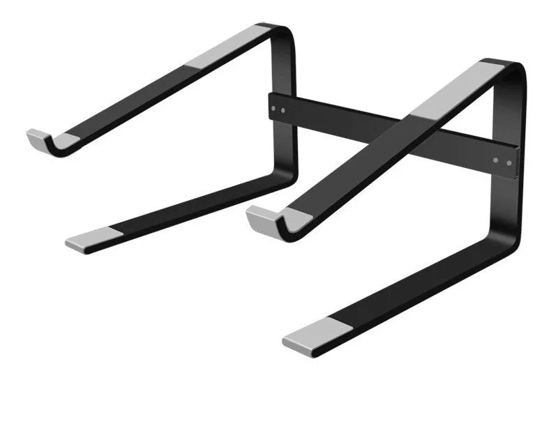 Silver aluminium alloy laptop riser bracket on a desk, showing its open frame design and 150mm height.