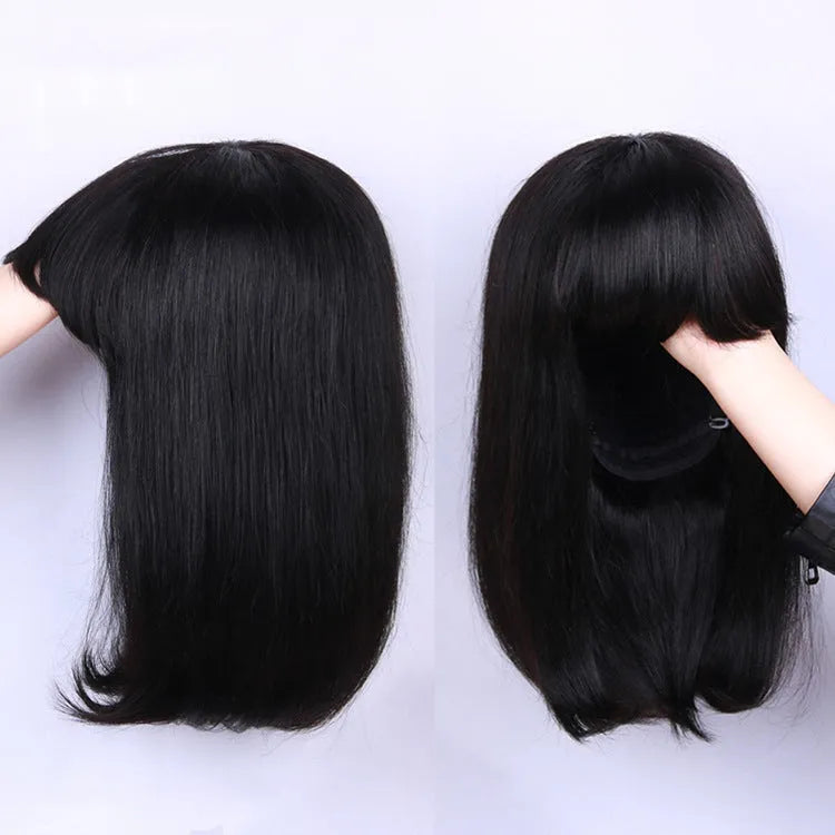 A 10-inch short to medium length real human hair wig in black, shown on a model or mannequin.