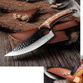 Small curved scimitar butcher knife and boning knife set with leather sheath