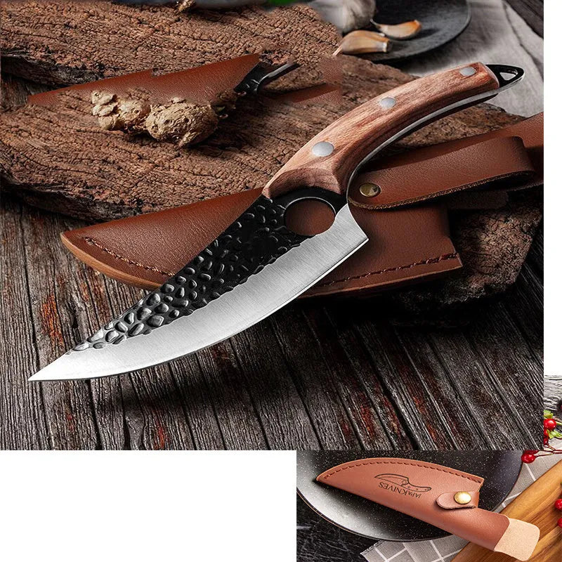 Small curved scimitar butcher knife and boning knife set with leather sheath