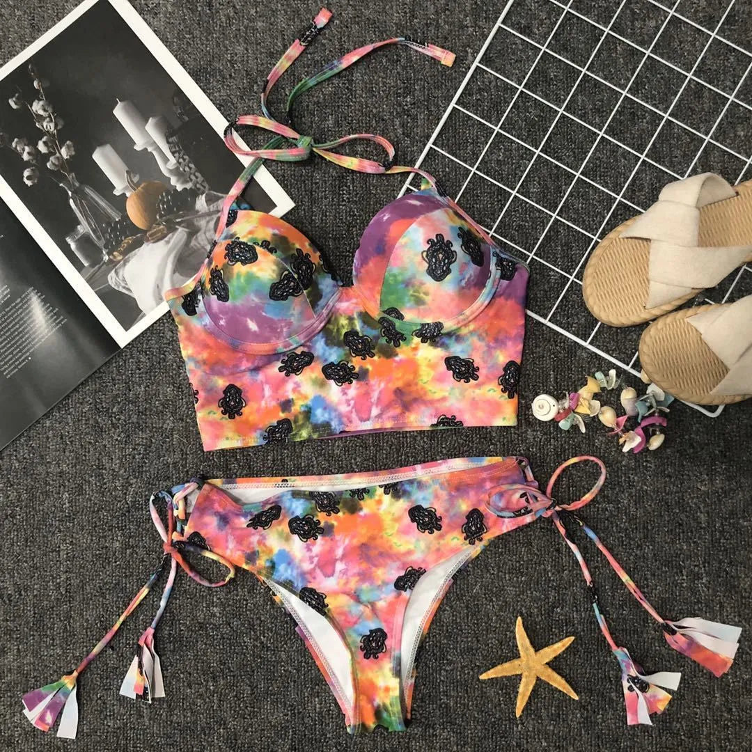 Ladies gradient pink backless bikini set with chest pad, tight fit, sizes S M L