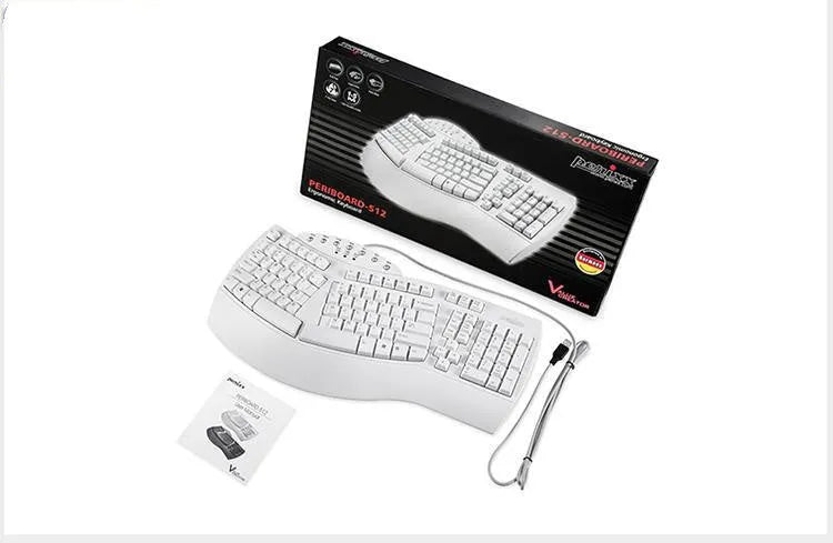 Perixx Periboard-512 ergonomic split keyboard in white and black with USB cable