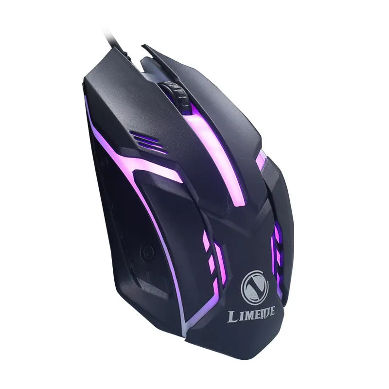 Black and white wired computer mouse with colourful luminous glow effect and USB cable
