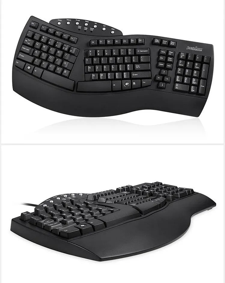 Perixx Periboard-512 ergonomic split keyboard in white and black with USB cable