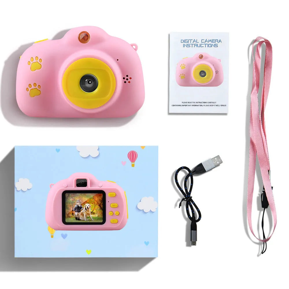 Pink and blue children's cat-shaped digital camera with selfie function