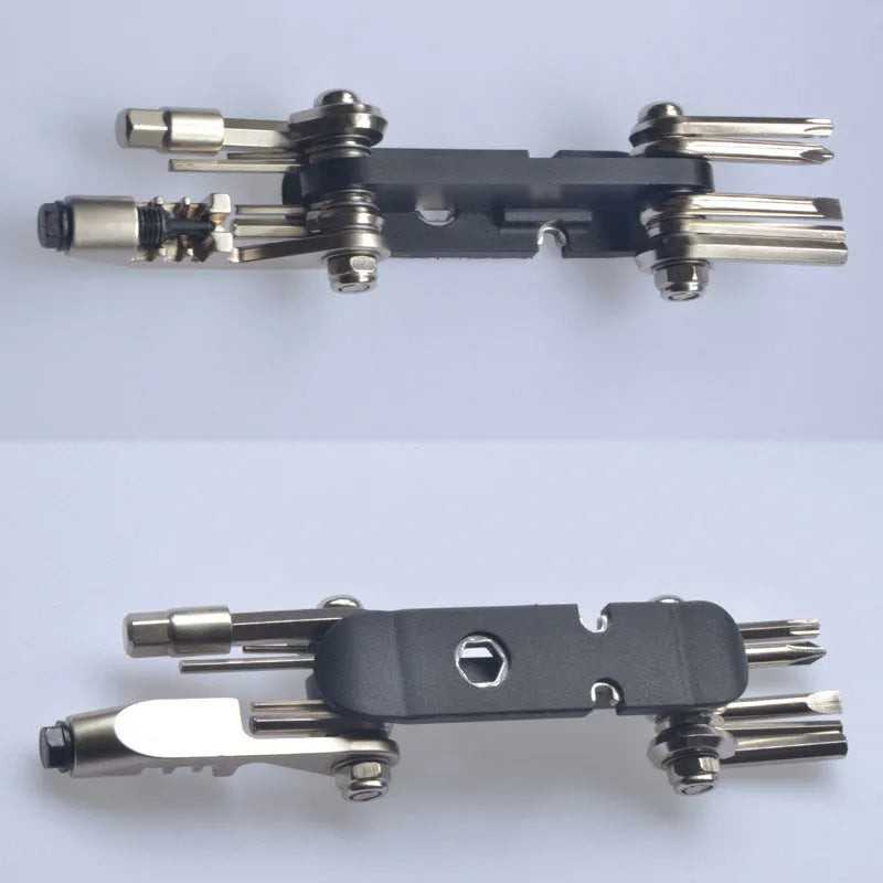 Chrome vanadium steel bicycle repair combination tool in black, red, yellow, or blue colours