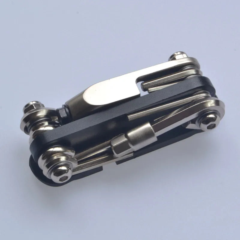 Chrome vanadium steel bicycle repair combination tool in black, red, yellow, or blue colours