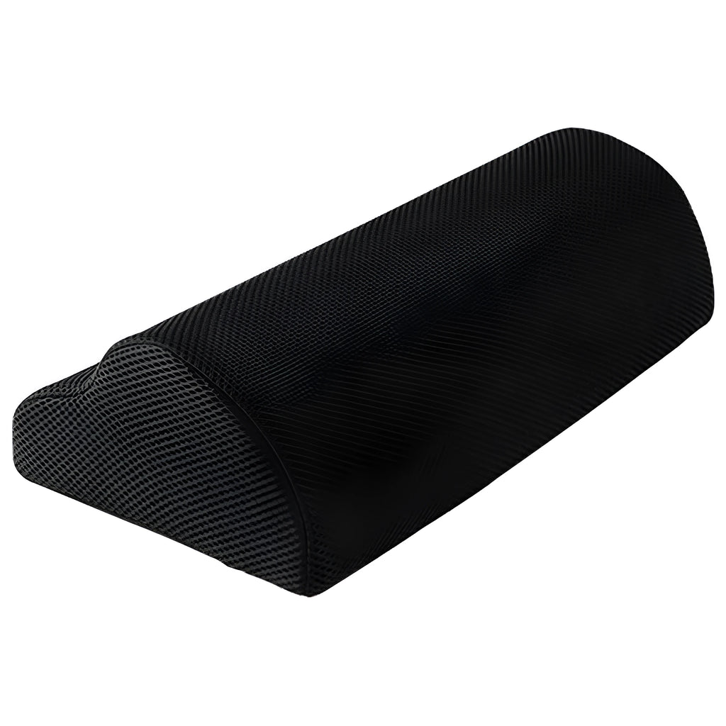 Black semi-circular foot rest pillow 40x20x10cm on floor under desk