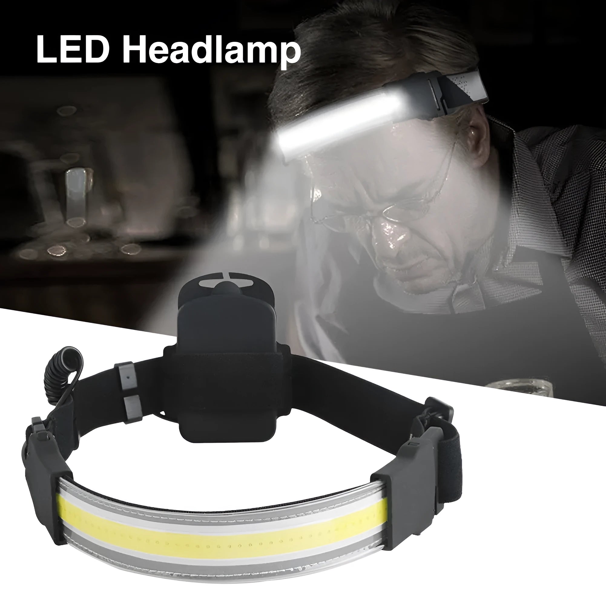 Black rechargeable Cob LED headlamp with adjustable headband and Micro USB cable