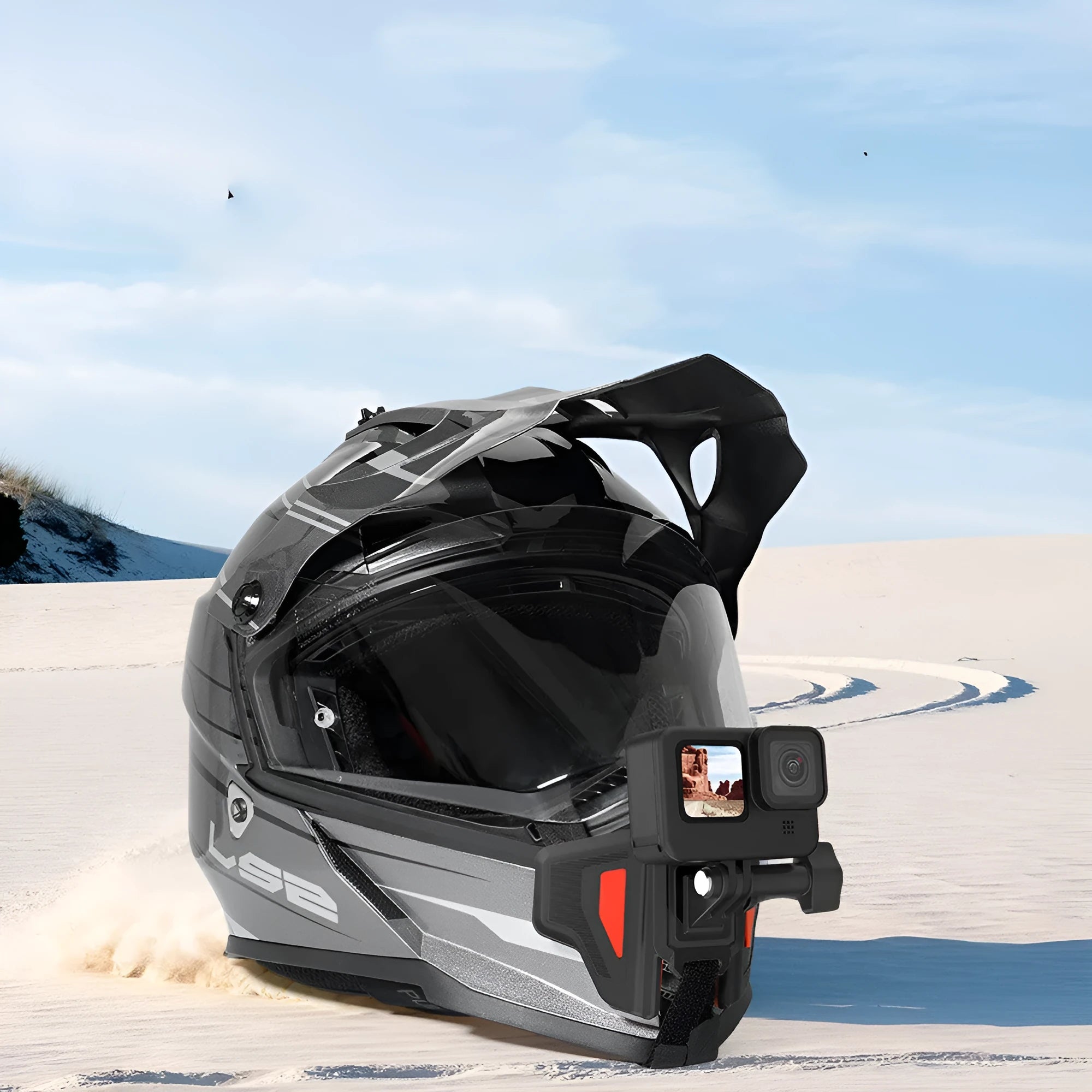 Black universal motorcycle helmet chin strap mount for GoPro and action cameras.