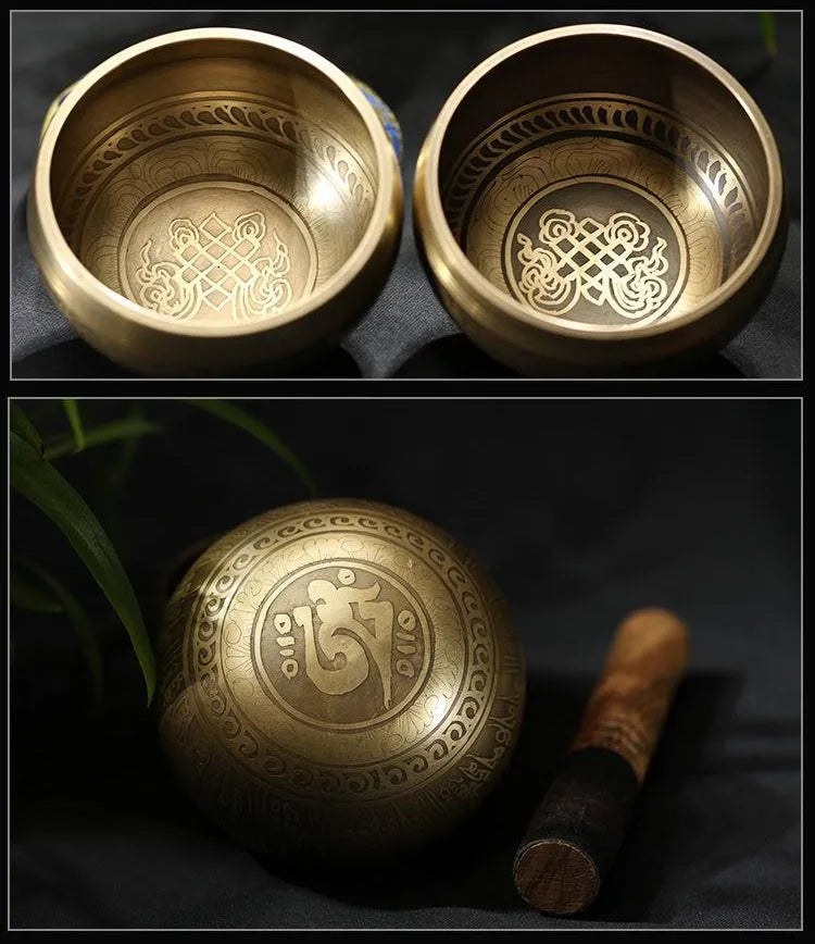 Handmade copper singing bowl with auspicious knot design on a soft surface with leather stick