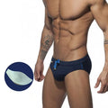Rainbow low-waisted men swim briefs with front pocket in vinylon fabric, blue colour
