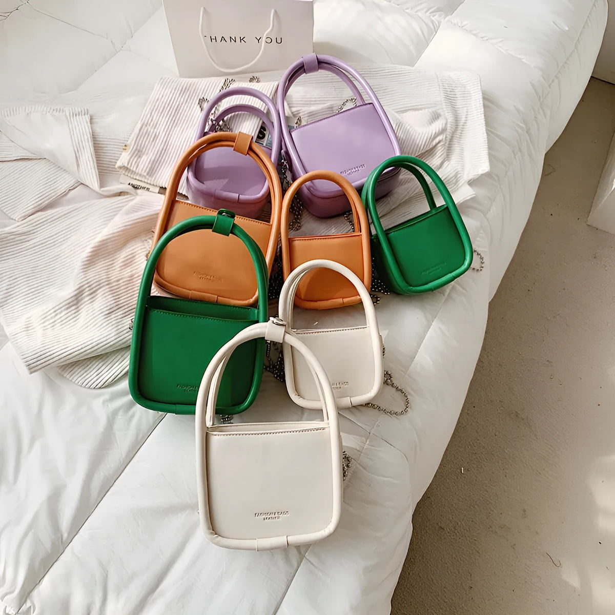 PU leather square shoulder bag with chain handle and magnetic buckle in Green or White