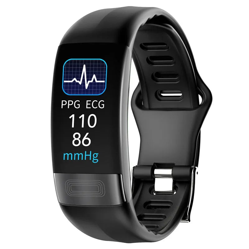 Black smart bracelet with ECG, body temperature and blood pressure monitoring on a wrist.