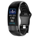 Black smart bracelet with ECG, body temperature and blood pressure monitoring on a wrist.