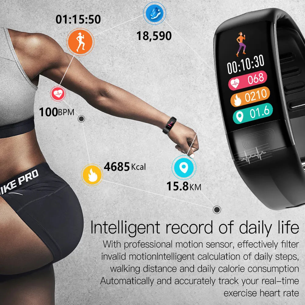 Black smart bracelet with ECG, body temperature and blood pressure monitoring on a wrist.