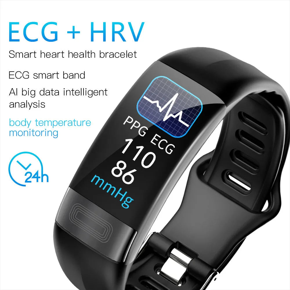 Black smart bracelet with ECG, body temperature and blood pressure monitoring on a wrist.