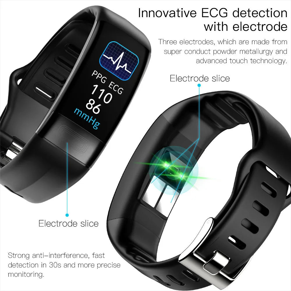 Black smart bracelet with ECG, body temperature and blood pressure monitoring on a wrist.