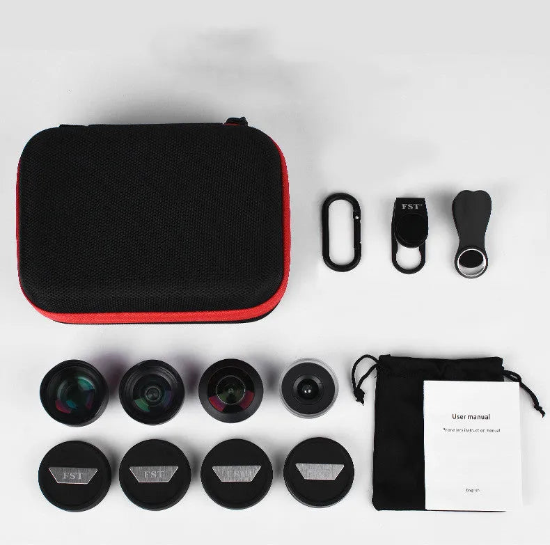 Mobile phone external lens kit with independent wide-angle, macro, fisheye and portrait lenses