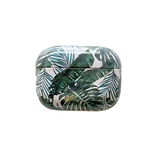 Blue and green TPU AirPods cases with a tropical banana leaf pattern design.