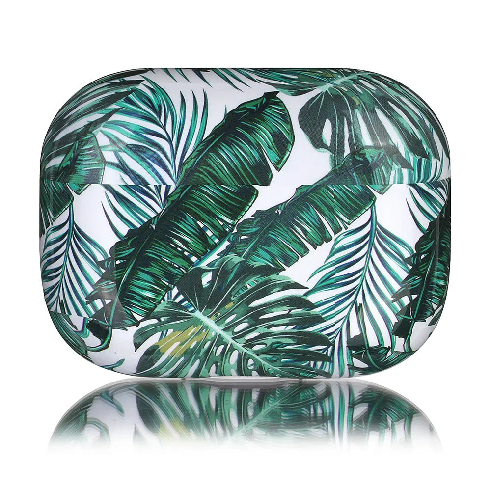 Blue and green TPU AirPods cases with a tropical banana leaf pattern design.