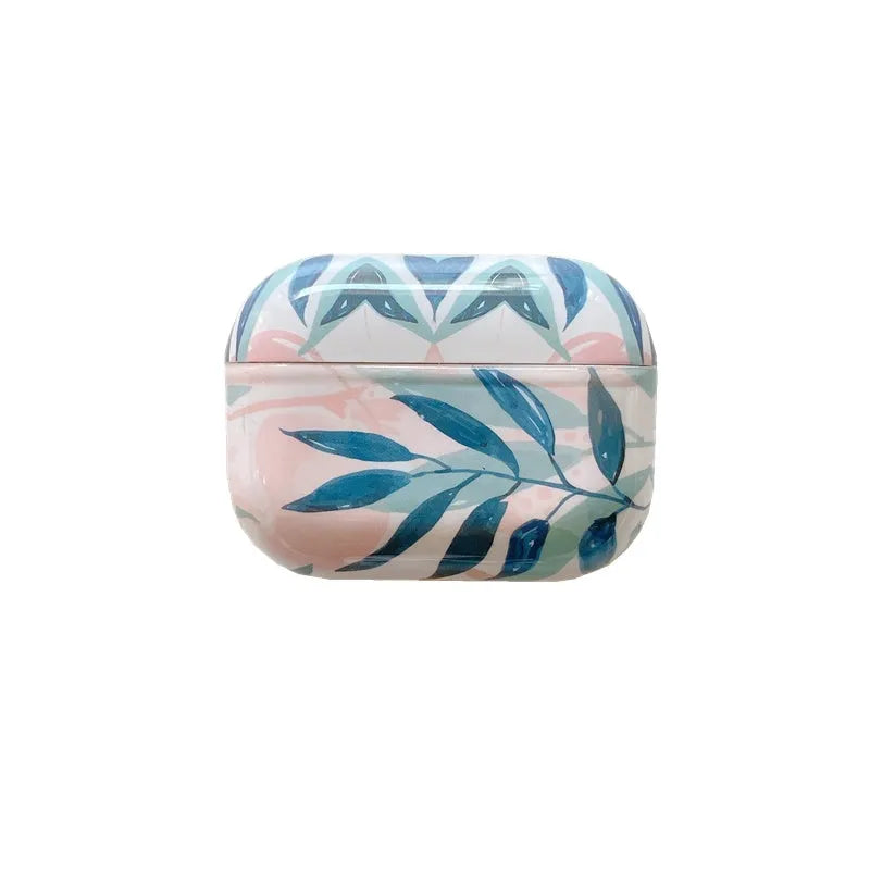 Blue and green TPU AirPods cases with a tropical banana leaf pattern design.
