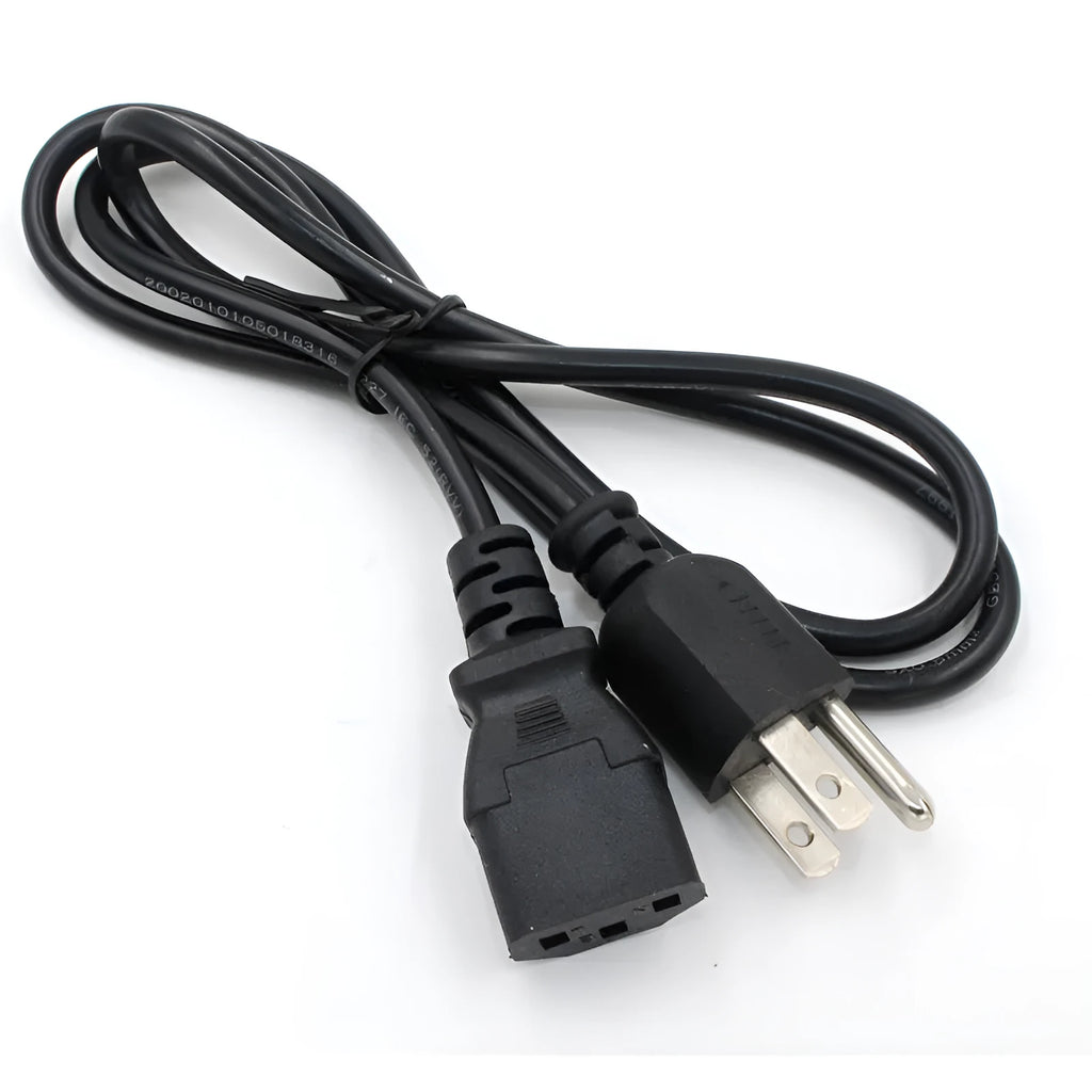 Black American standard three-pin plug power cord, 1.2 metres long with detailed specs label.