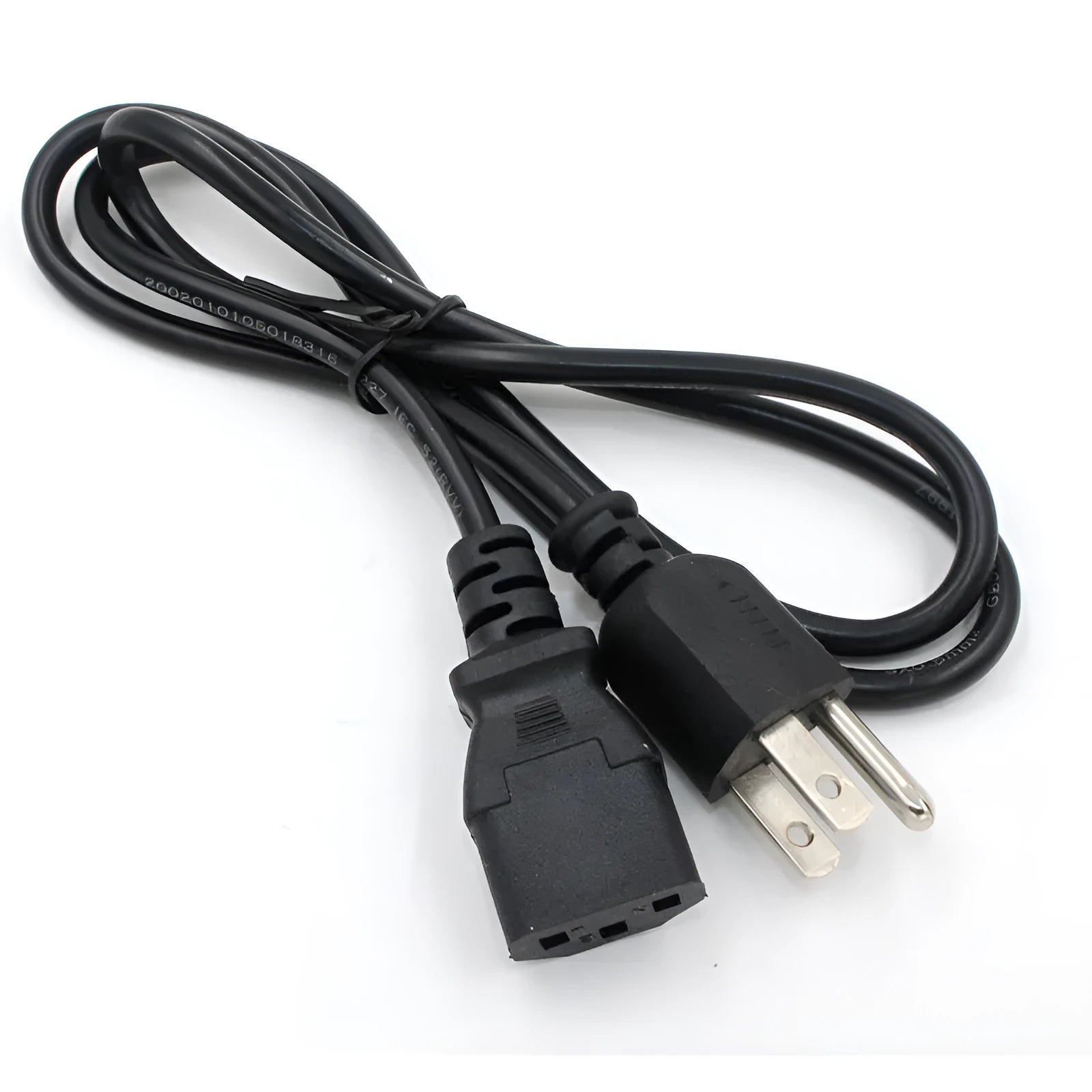 Black American standard three-pin plug power cord, 1.2 metres long with detailed specs label.