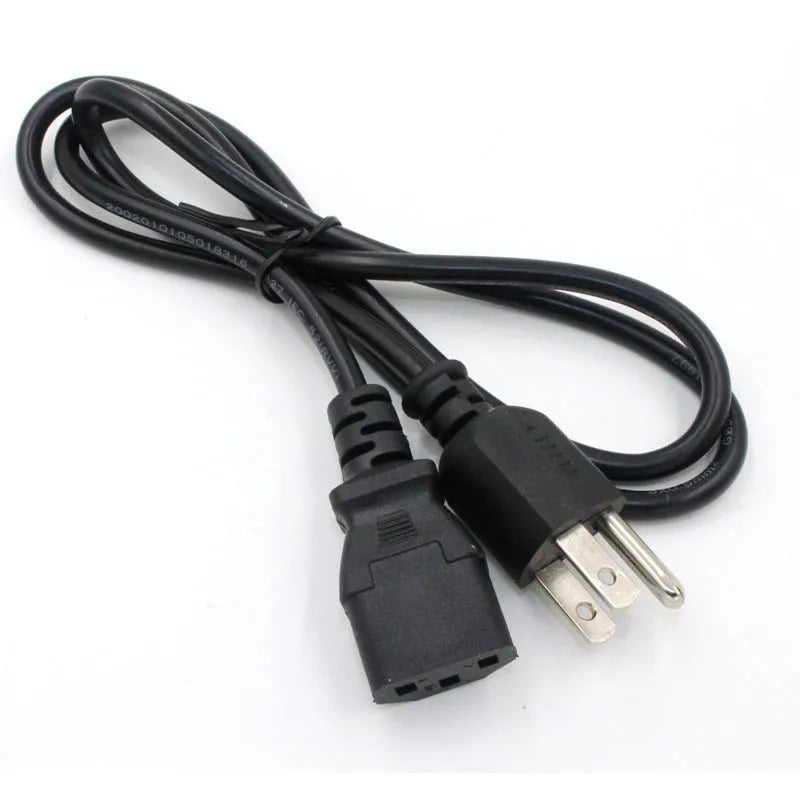 Black American standard three-pin plug power cord, 1.2 metres long with detailed specs label.