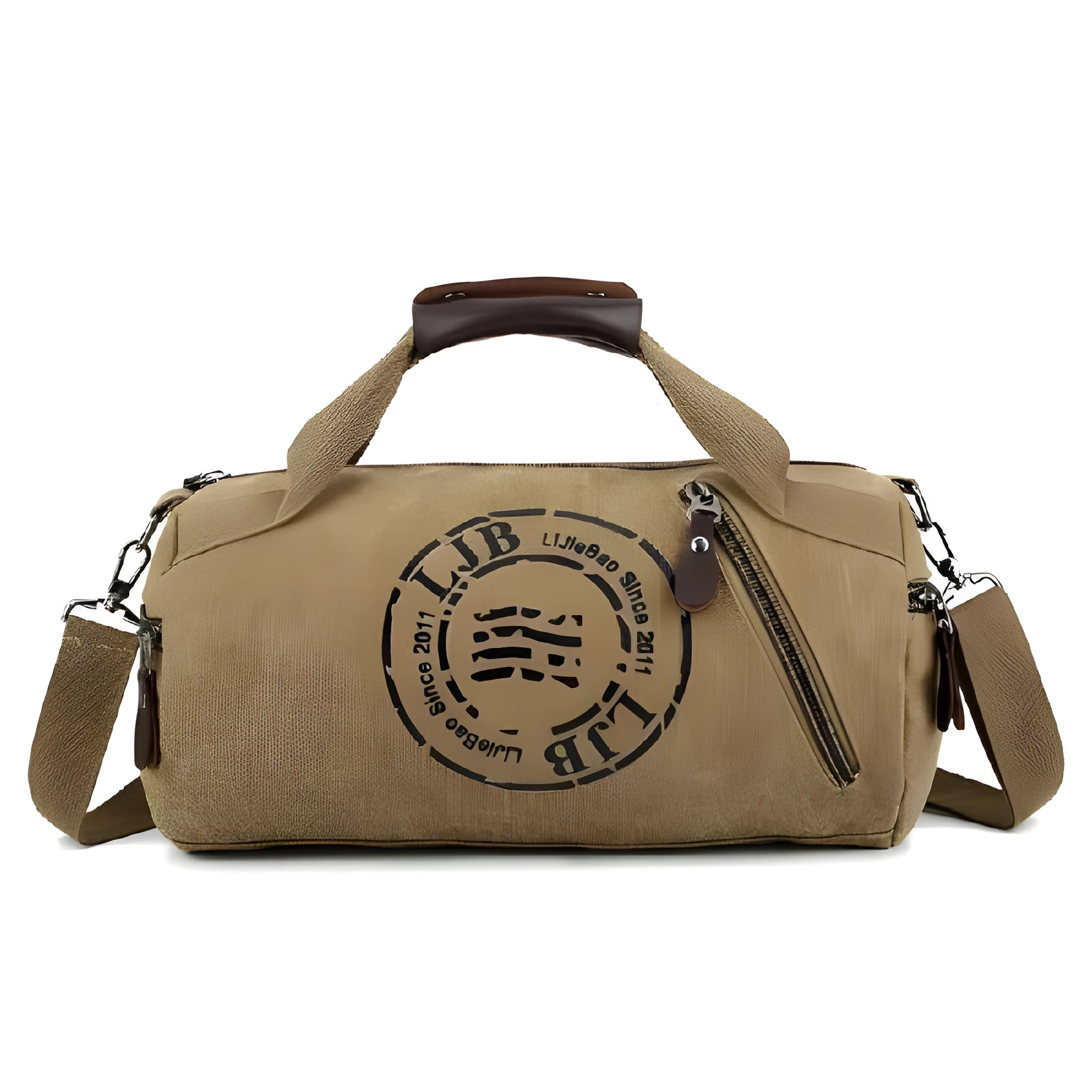 Canvas large-capacity travel shoulder bag in brown, black, blue, or green, with canvas lining and no shoulder straps