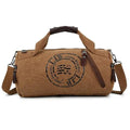 Canvas large-capacity travel shoulder bag in brown, black, blue, or green, with canvas lining and no shoulder straps
