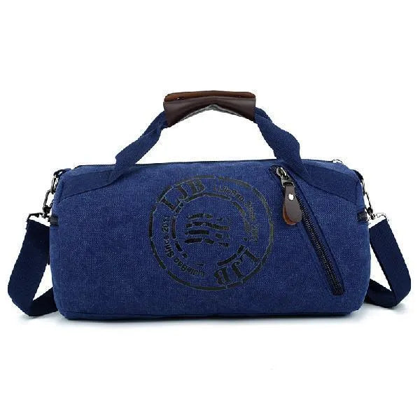 Canvas large-capacity travel shoulder bag in brown, black, blue, or green, with canvas lining and no shoulder straps