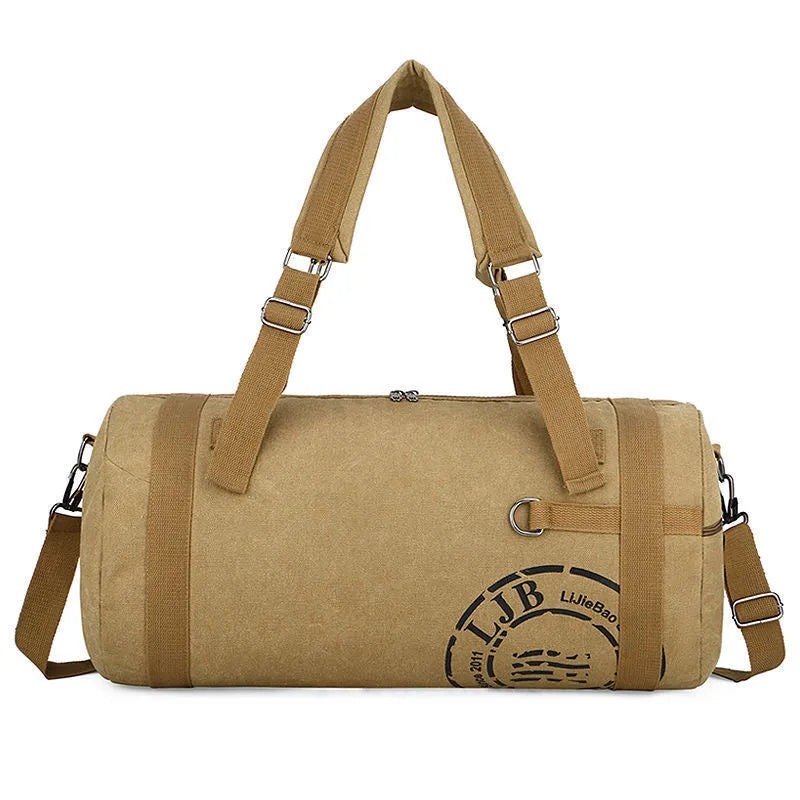 Canvas large-capacity travel shoulder bag in brown, black, blue, or green, with canvas lining and no shoulder straps