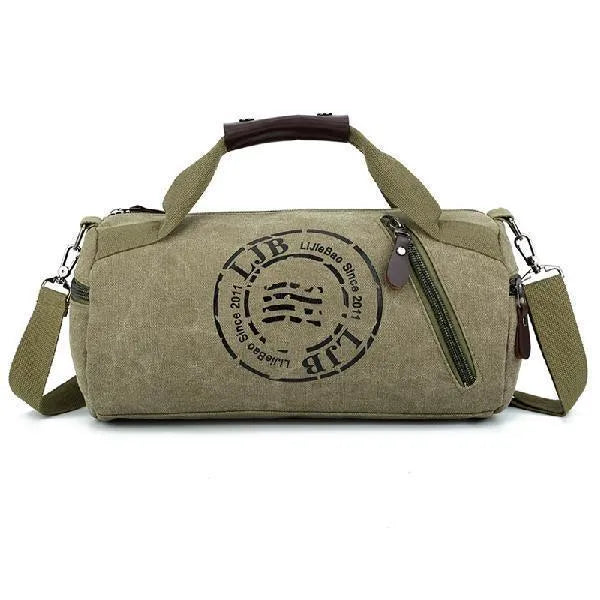 Canvas large-capacity travel shoulder bag in brown, black, blue, or green, with canvas lining and no shoulder straps