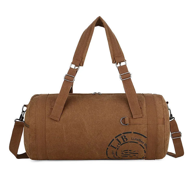 Canvas large-capacity travel shoulder bag in brown, black, blue, or green, with canvas lining and no shoulder straps