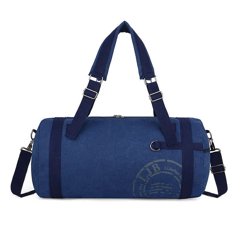 Canvas large-capacity travel shoulder bag in brown, black, blue, or green, with canvas lining and no shoulder straps