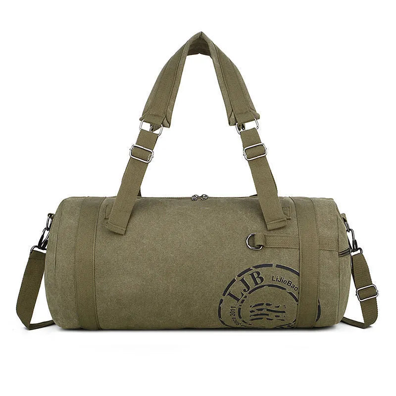 Canvas large-capacity travel shoulder bag in brown, black, blue, or green, with canvas lining and no shoulder straps
