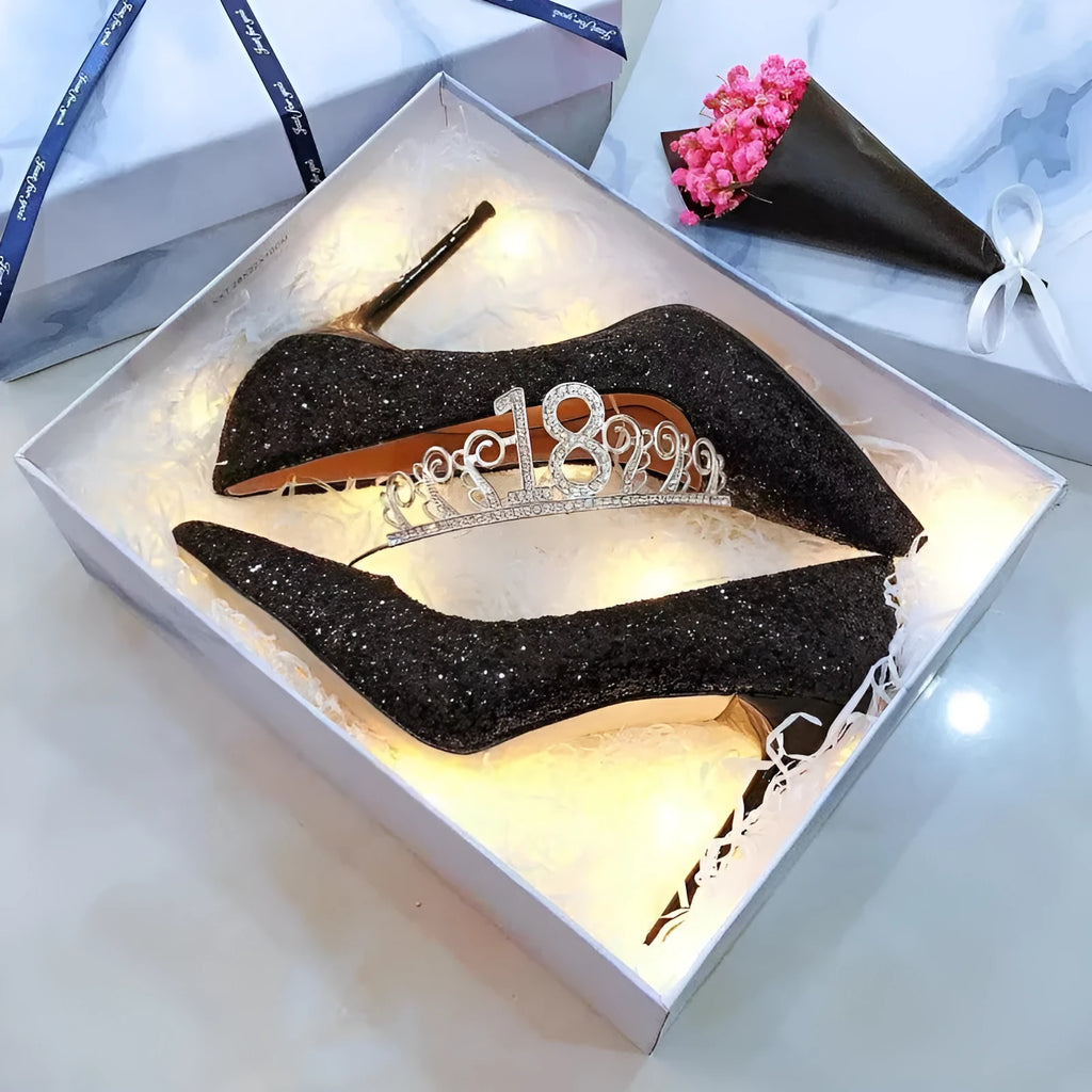 Crystal-adorned black and silver women's stiletto wedding shoes with 7cm and 9cm heel height options.