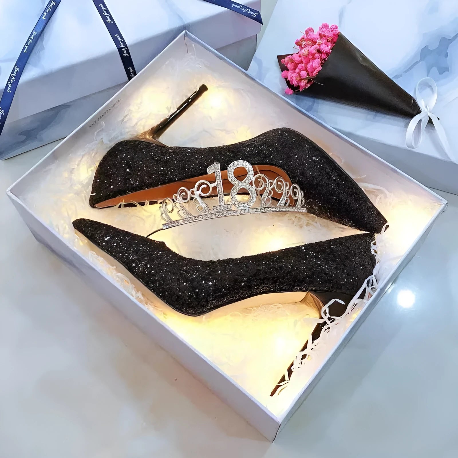 Crystal-adorned black and silver women's stiletto wedding shoes with 7cm and 9cm heel height options.